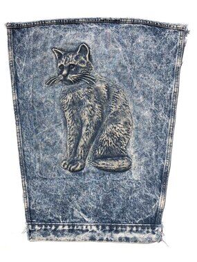 Vintage 90s TYCA 3D Embossed Denim Jacket Cut Panel Piece Cat Art DIY Craft USA